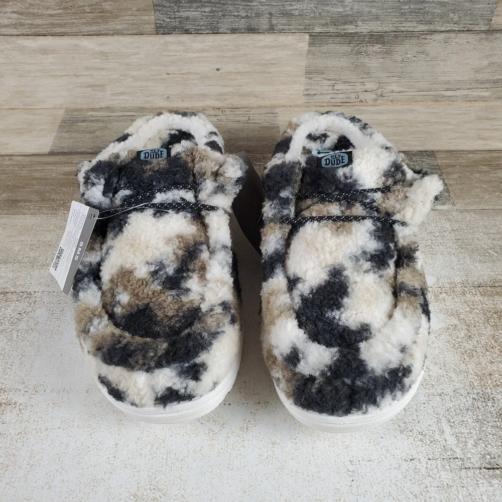 Hey Dude Wendy Slipper Cozy Mens Sz 9 White Camo Slip On Faux Shearling Comfort